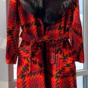 Vintage Lilli Ann Red and Black knit plaid Coat with fox fur collar